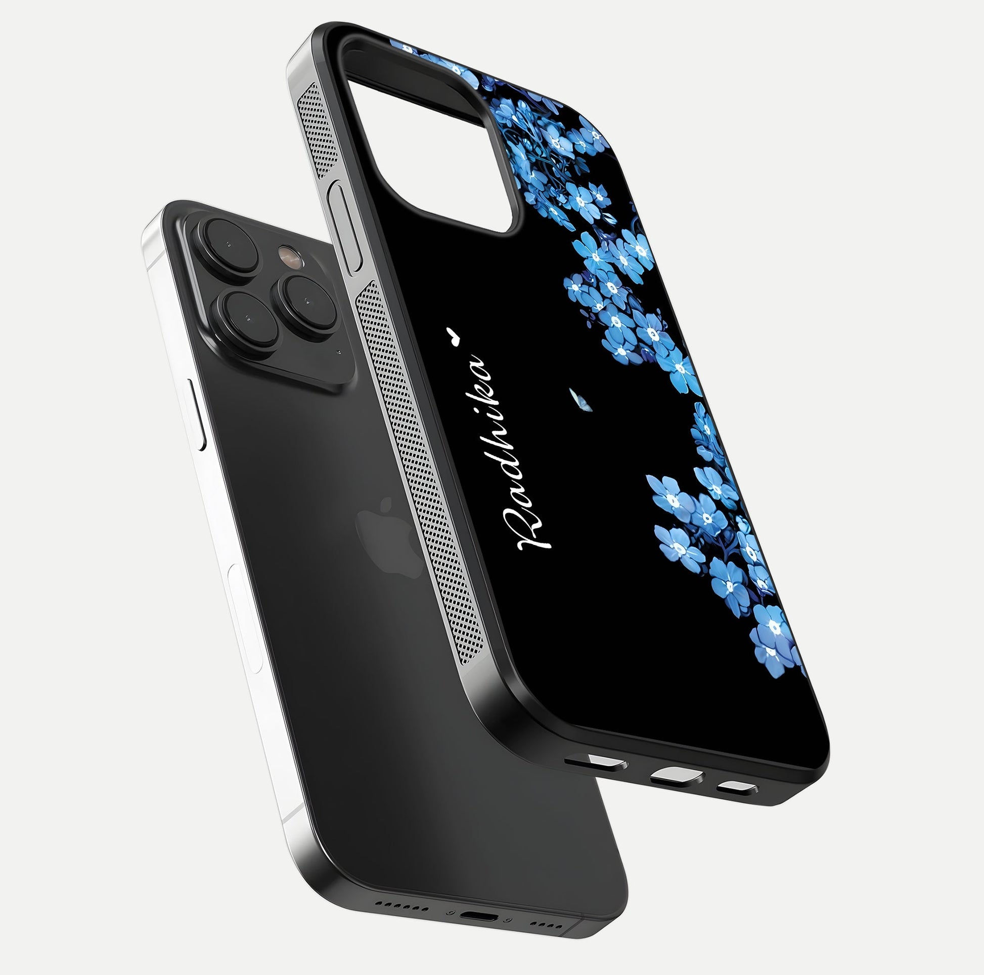 Blue Petal Dream Custom Name Glass Case for iPhone 15 Pro floating mockup capturing floral tones and glass shine