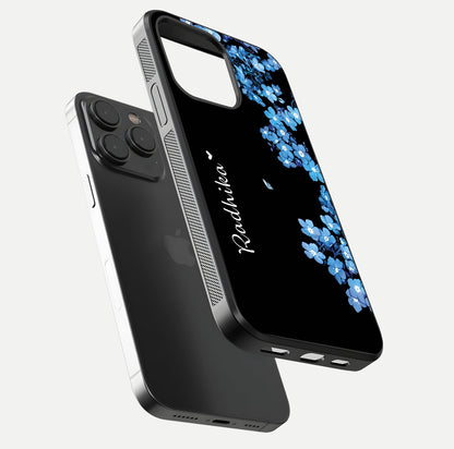 Blue Petal Dream Custom Name Glass Case for iPhone 15 Pro floating mockup capturing floral tones and glass shine
