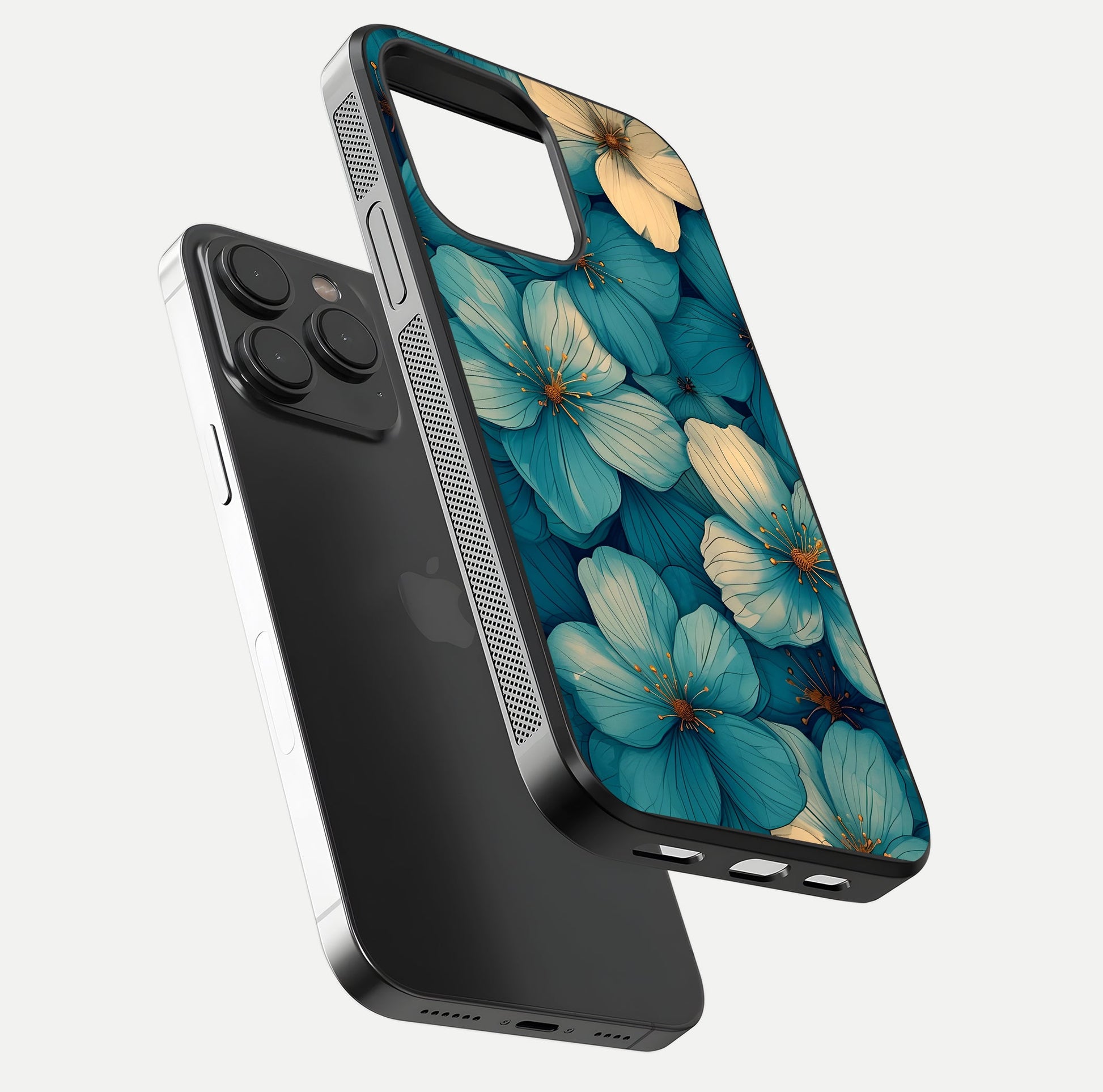 Blue Shade Floral Glass Case for iPhone 15 Pro floating mockup revealing gloss highlight and floral depth