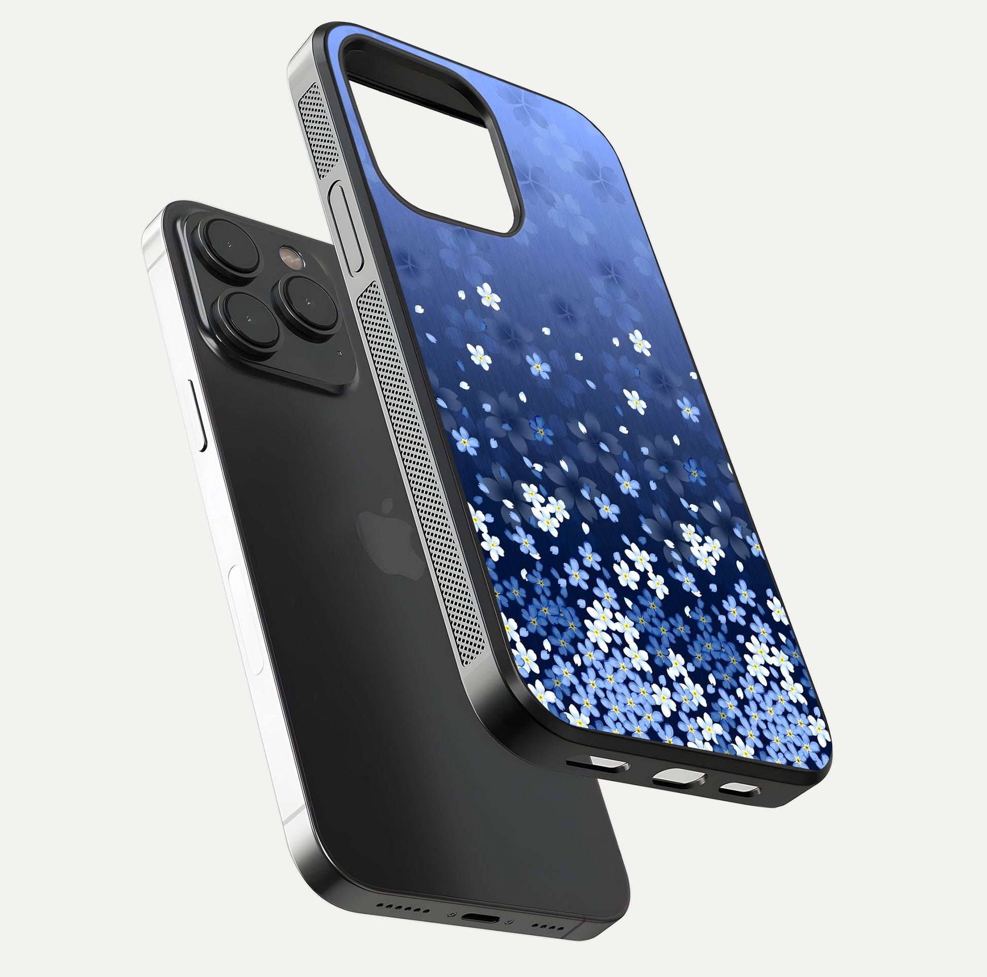 Blue Starry Glass Case for iPhone 15 Pro floating mockup capturing cosmic tone and HD gloss texture