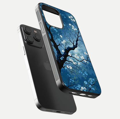 Blue Tree Serenity Glass Case for iPhone 15 Pro floating mockup displaying serene tones and HD glass polish