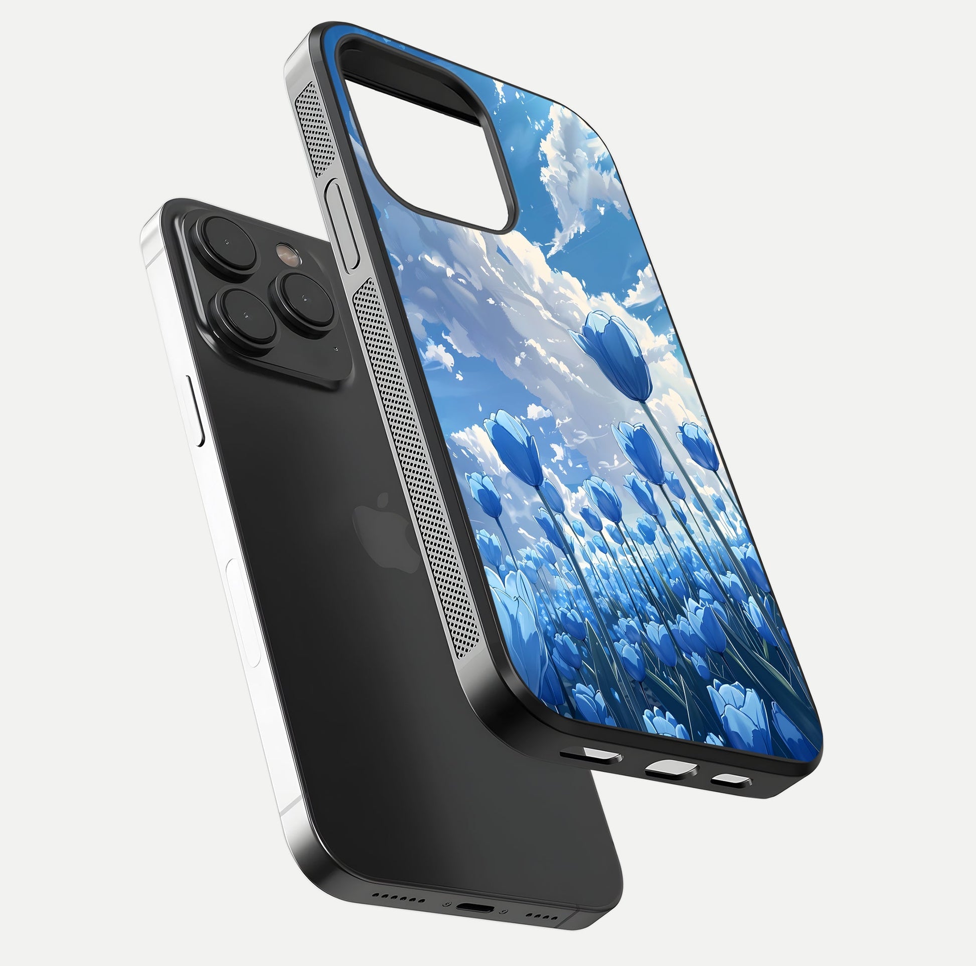 Blue Tulip Clouds Glass Case for iPhone 15 Pro floating mockup displaying tulip-cloud fusion art and smooth glass gloss