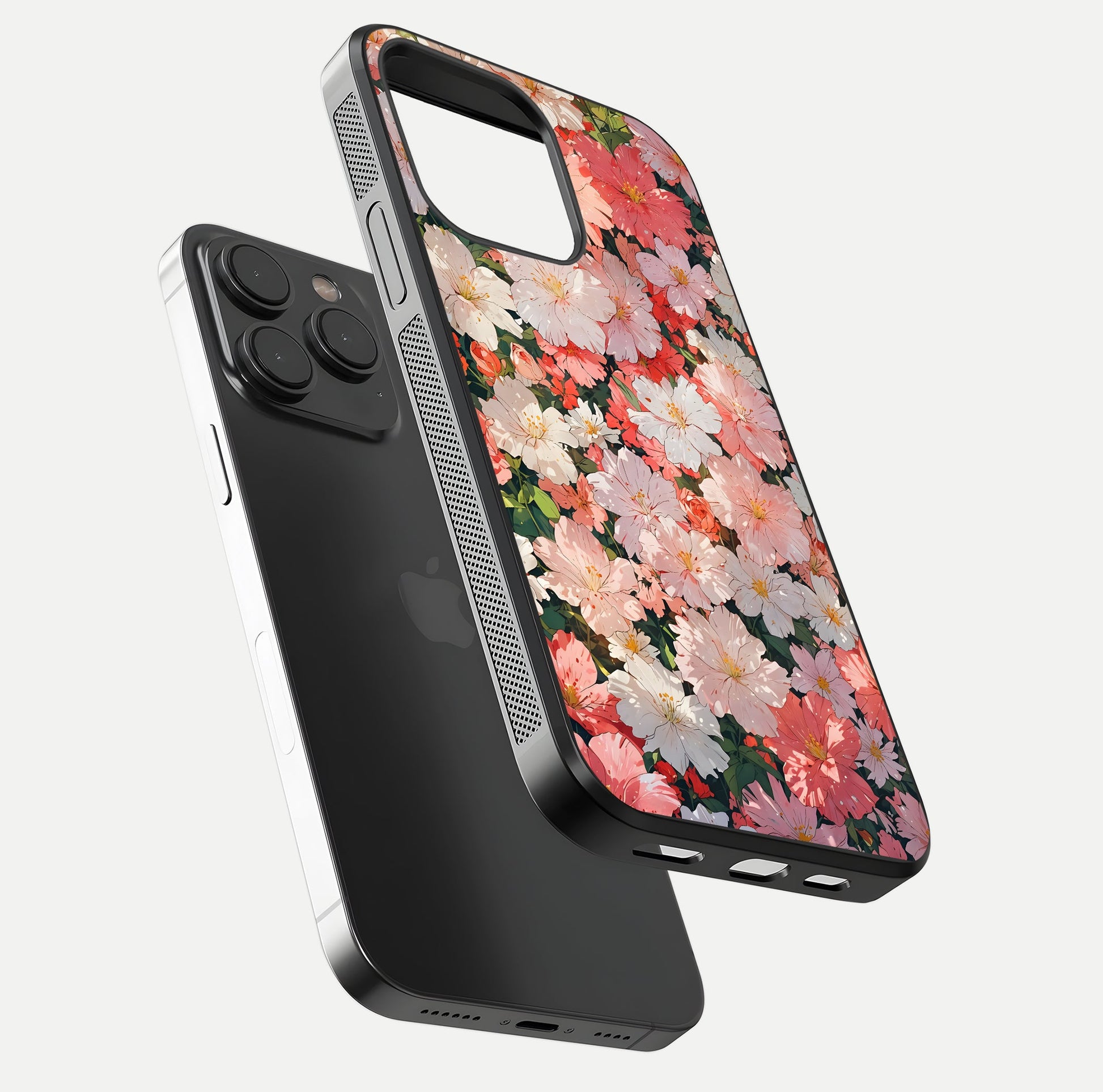 Blush Bloom Field Glass Case for iPhone 15 Pro floating mockup highlighting floral spread and edge reflection