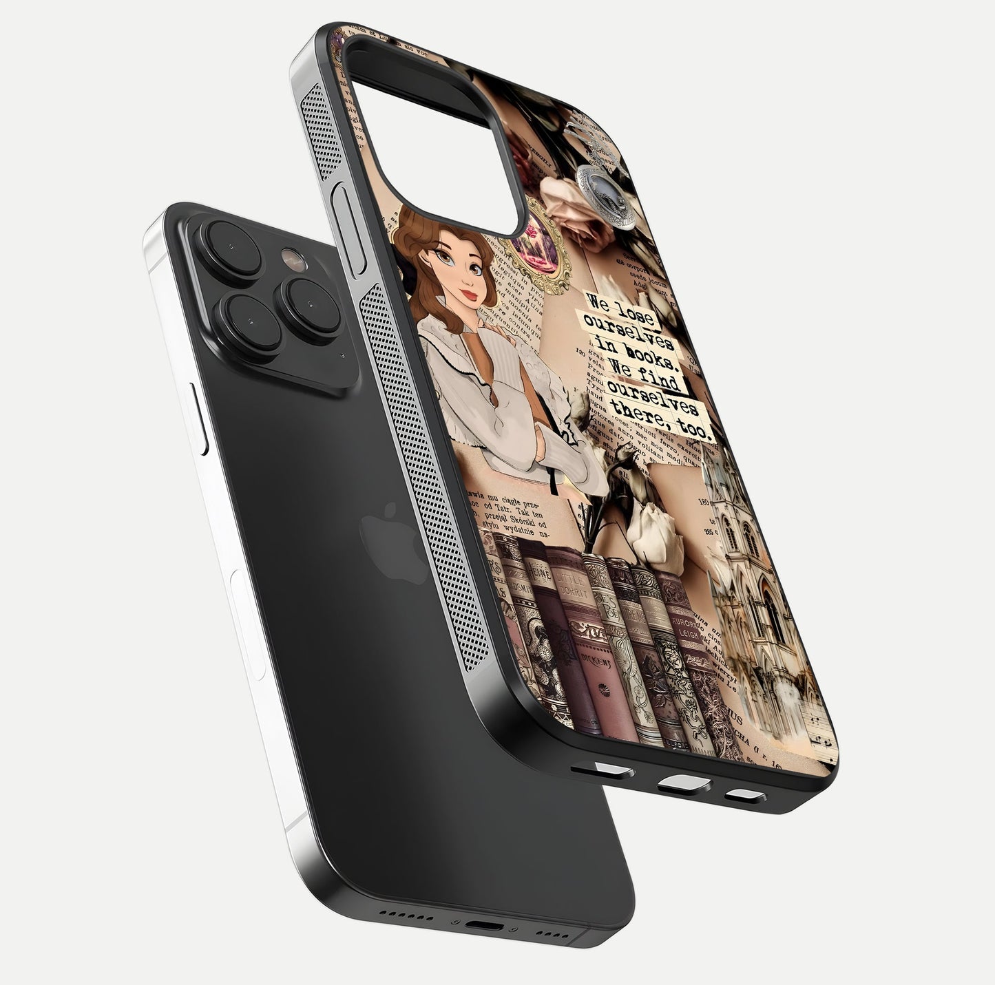 Bookish Dream World Glass Case for iPhone 15 Pro floating mockup capturing gloss shine and artistic balance