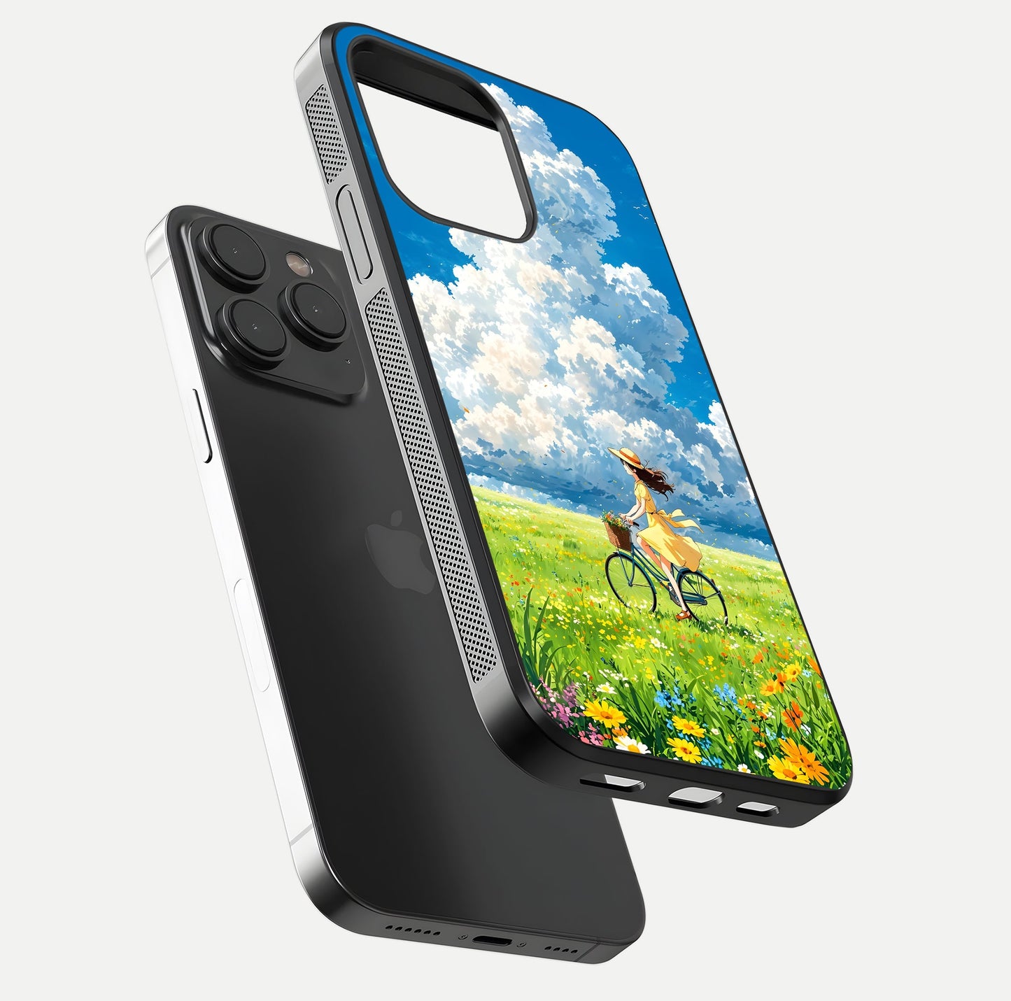 Breezy Meadow Ride Glass Case for iPhone 15 Pro floating mockup capturing serene tones and smooth finish