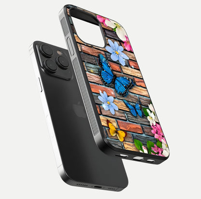 Brick Bloom Flight Glass Case for iPhone 15 Pro floating mockup displaying gloss reflection and pattern vibrancy