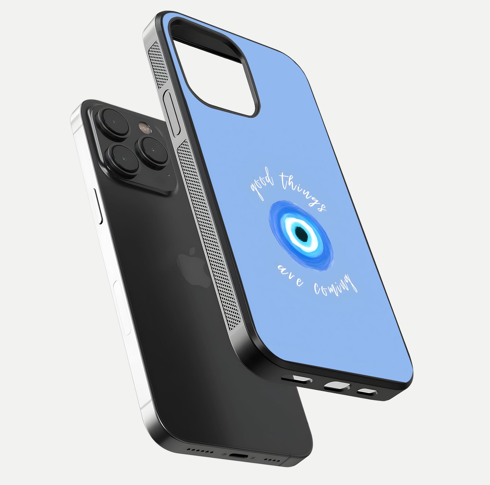 Bright Future Ahead Glass Case for iPhone 15 Pro floating mockup showing sleek design and positive quote print