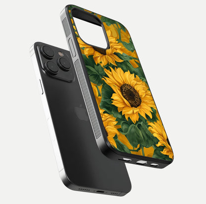 Bright Sunflower Bloom Glass Case for iPhone 15 Pro floating mockup capturing vibrant tones and gloss surface