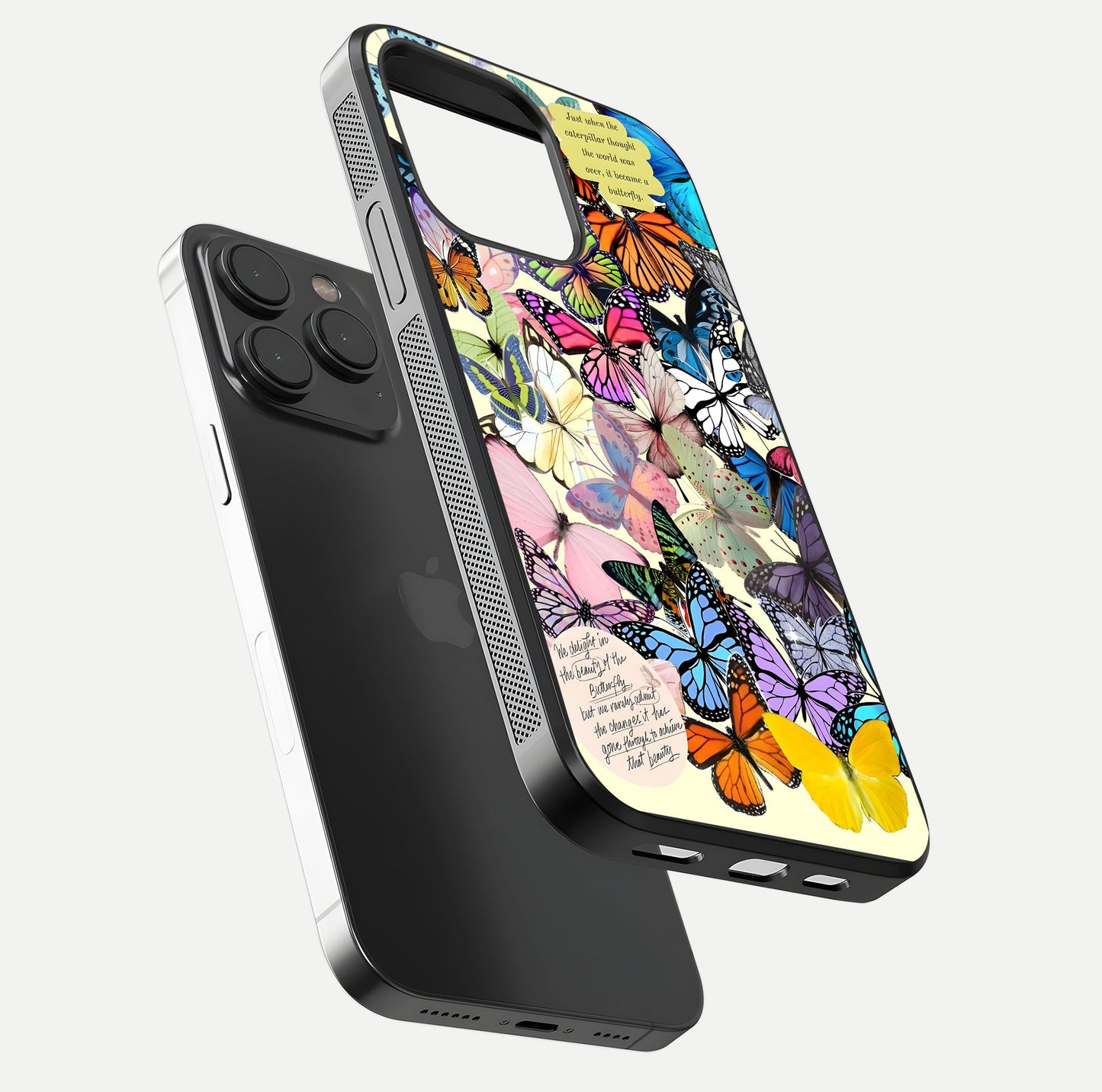 Butterflies Petal Dream Glass Case for iPhone 15 Pro floating mockup displaying detailed print and premium glass glow