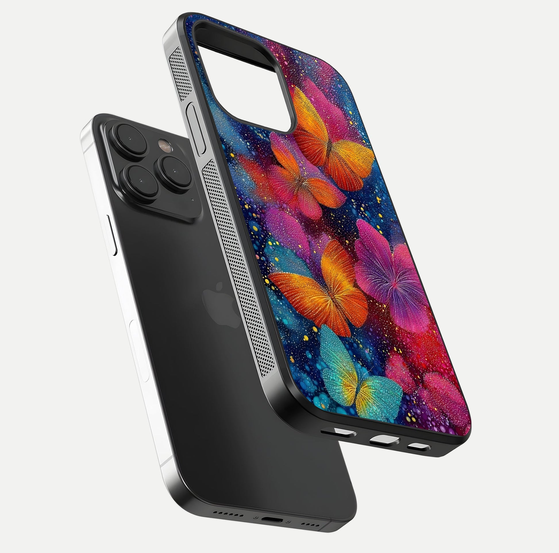 Butterfly Dream Mist Glass Case for iPhone 15 Pro floating mockup displaying glass shine and ethereal art depth