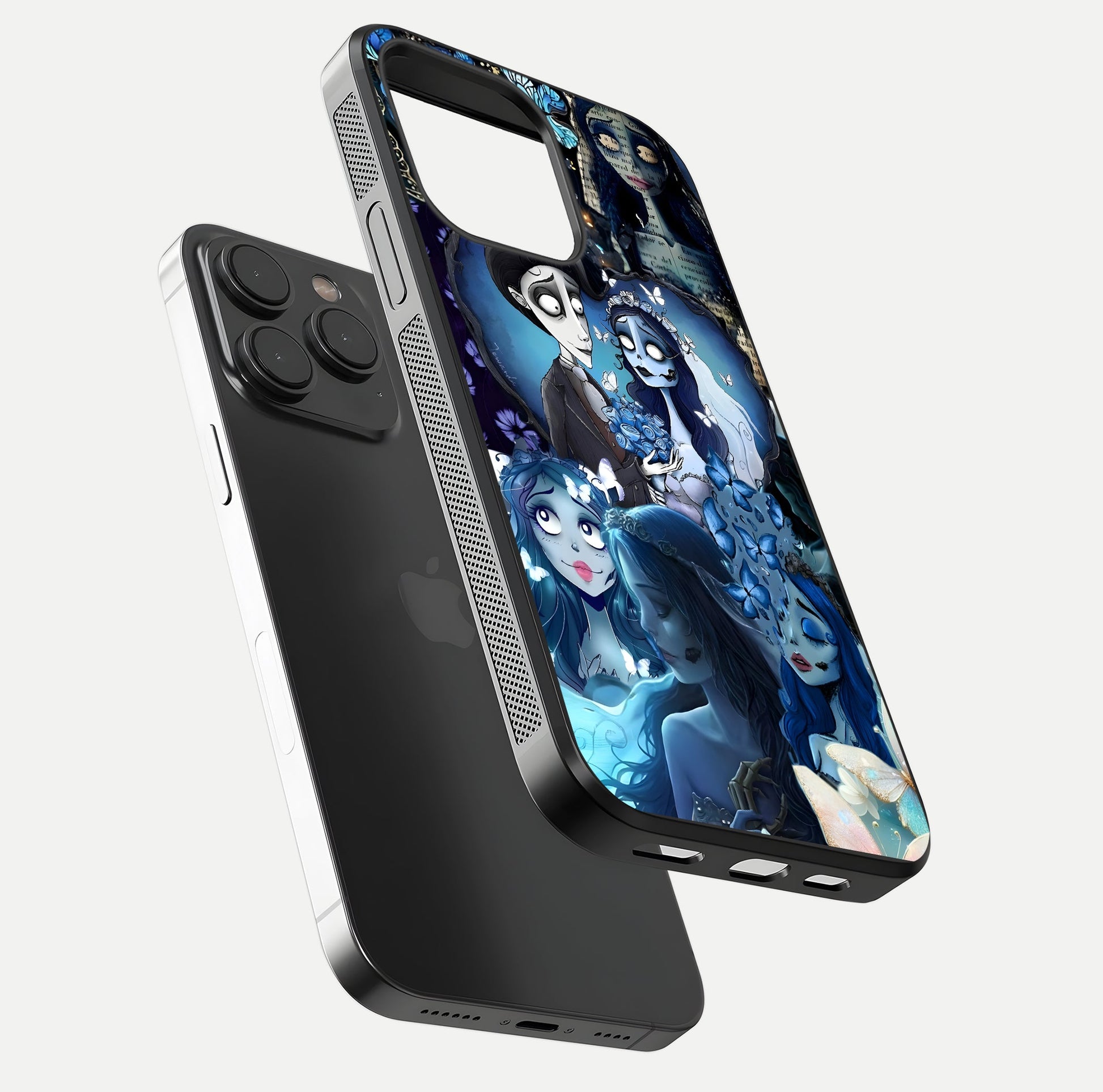 Butterfly Ghost Soul Glass Case for iPhone 15 Pro floating mockup showcasing spirit-like butterfly detail and gloss