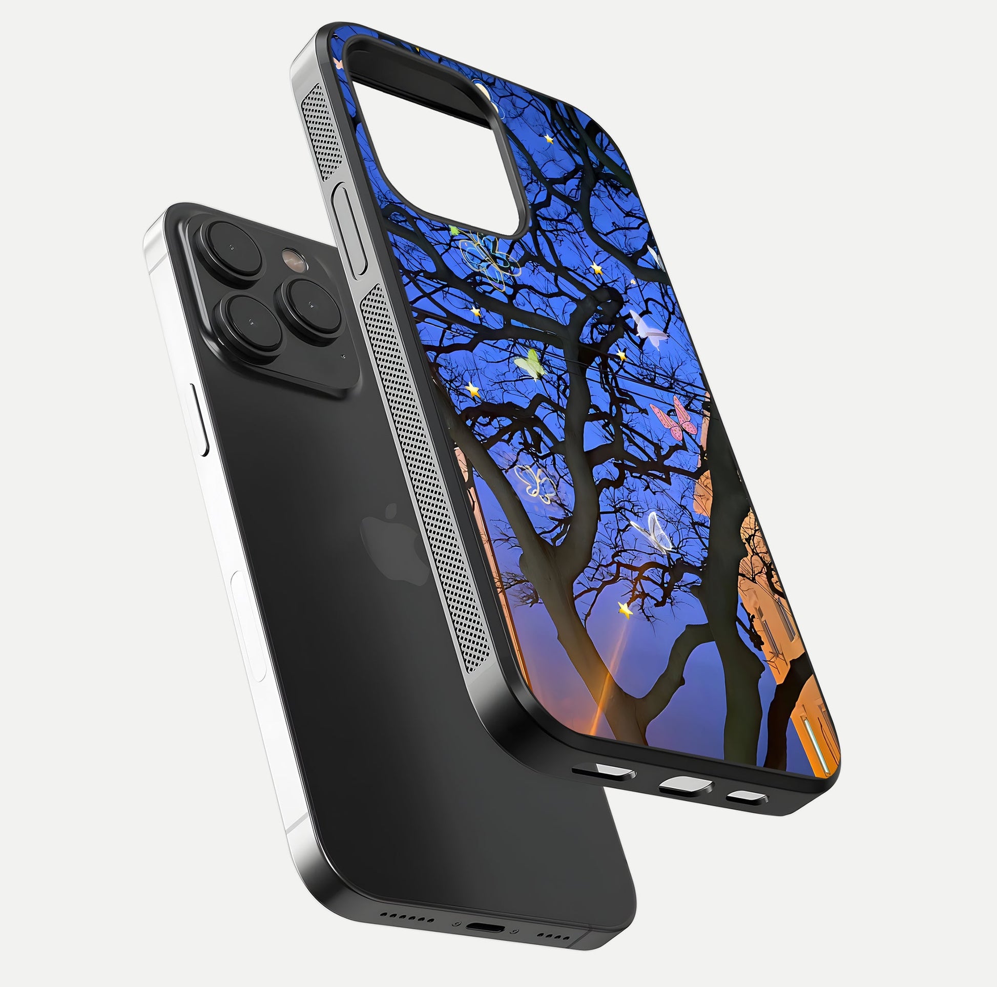 Butterfly Night Magic Glass Case for iPhone 15 Pro floating mockup showing night glow and smooth polish