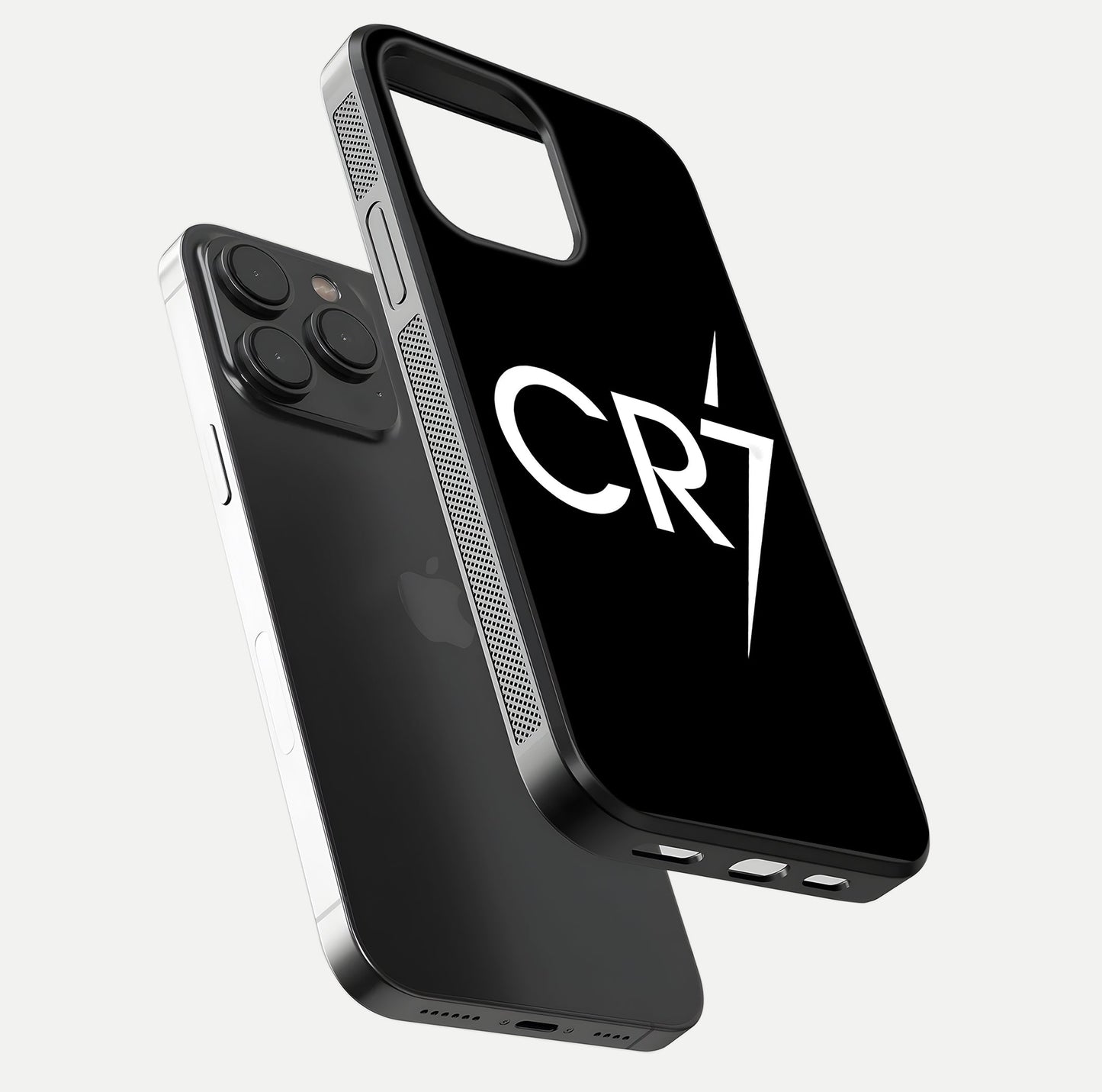 CR7 Elite Strike Glass Case for iPhone 15 Pro floating mockup displaying HD gloss and sporty texture