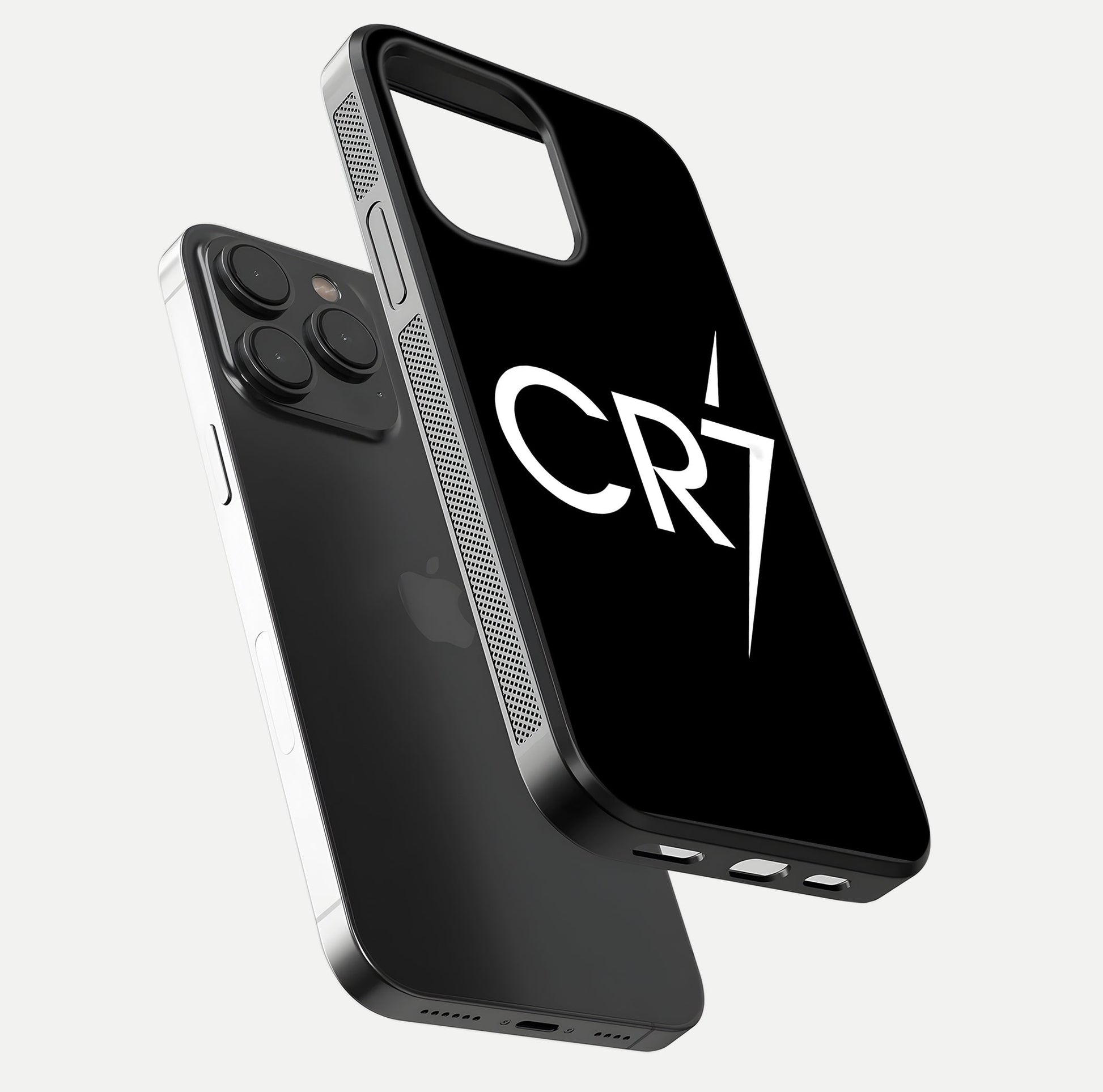 CR7 Elite Strike Glass Case for iPhone 15 Pro floating mockup displaying HD gloss and sporty texture