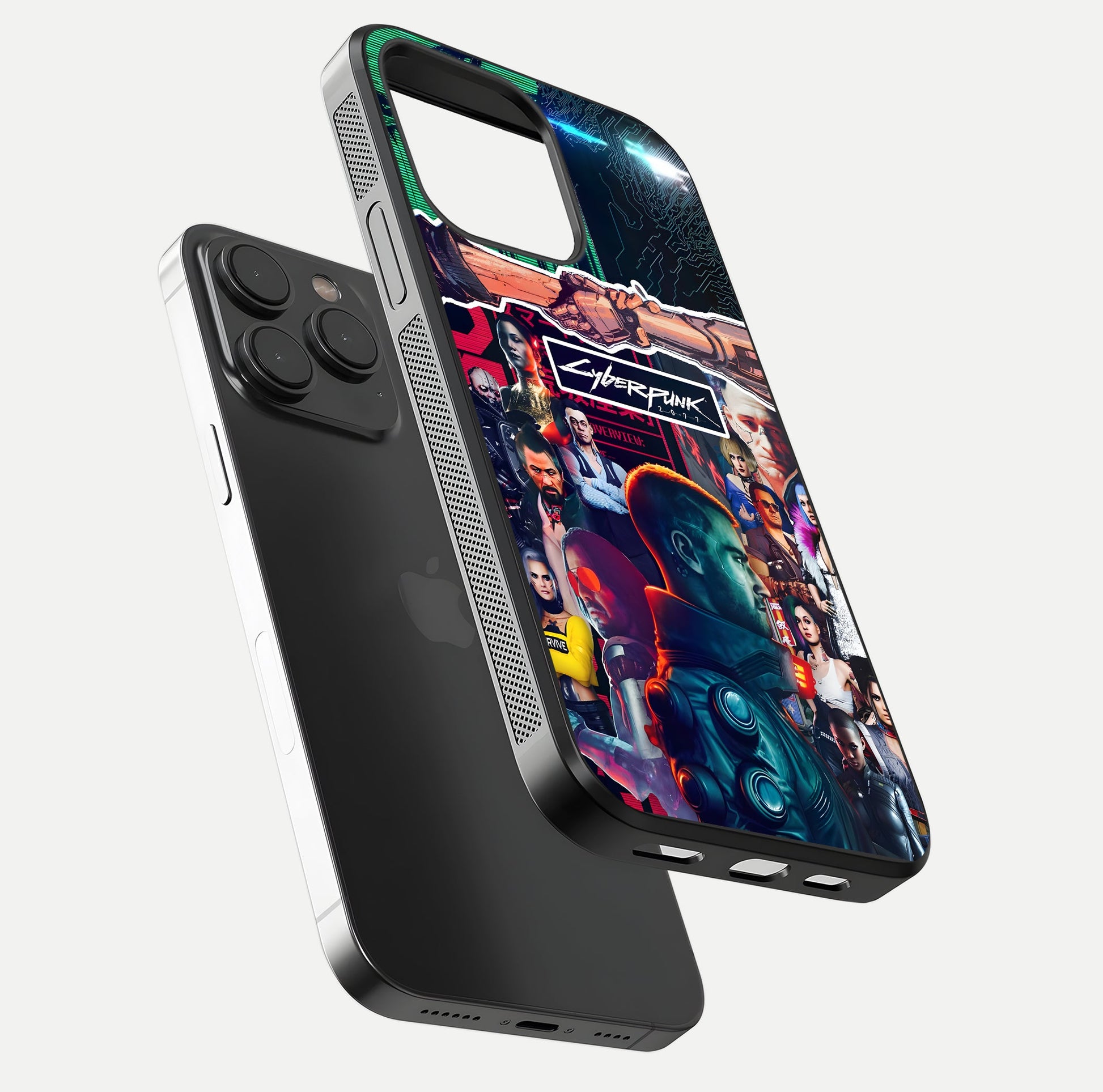 CYBERPUNK Legacy Glass Case for iPhone 15 Pro floating mockup showing HD gloss and neon glow detail