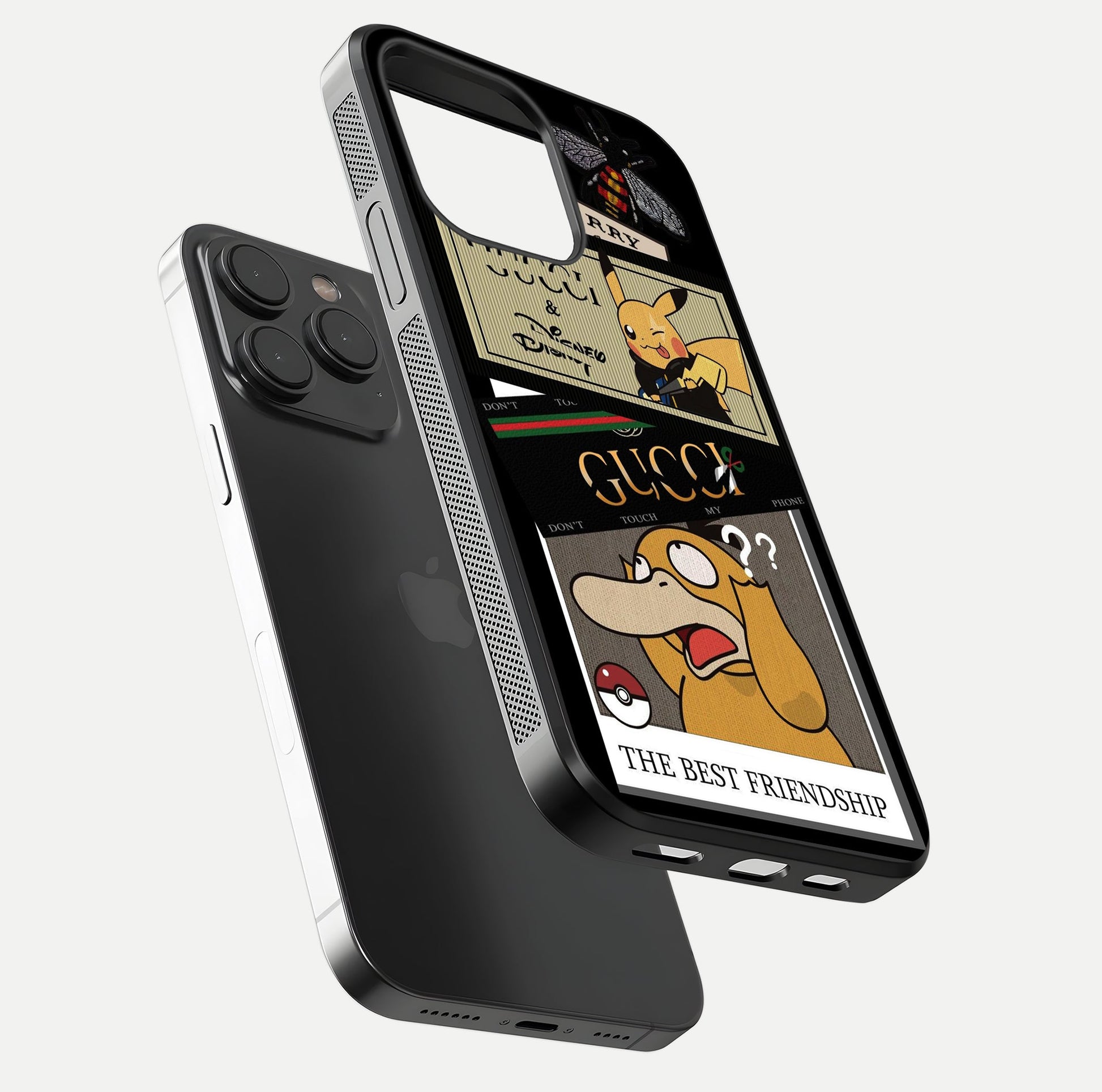 Cartoon Brand Play Mashup Glass Case for iPhone 15 Pro floating dual-view mockup showing gloss surface and vivid reflection