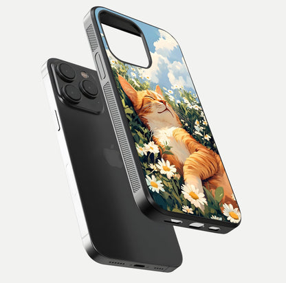 Cat & Flowers View Glass Case for iPhone 15 Pro floating mockup showing design reflection and protective edges