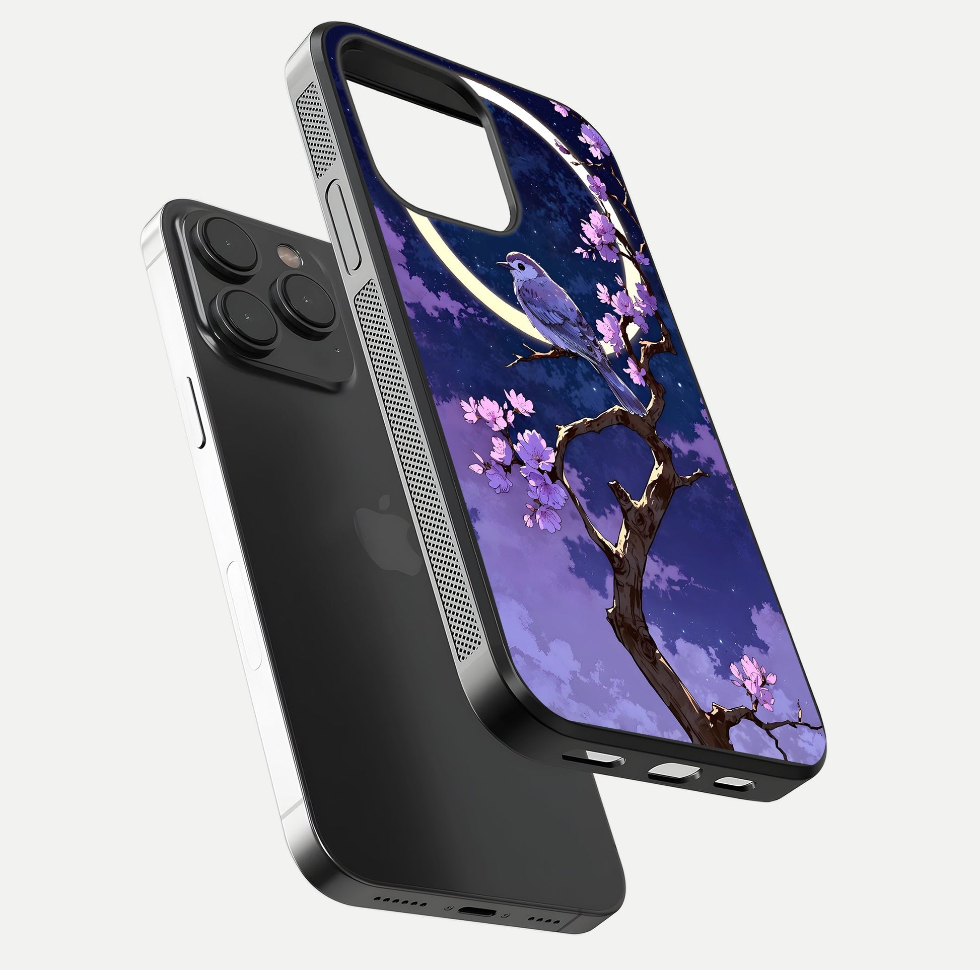 Celestial Bird Blossom Glass Case for iPhone 15 Pro floating mockup showing cosmic floral tones and HD gloss