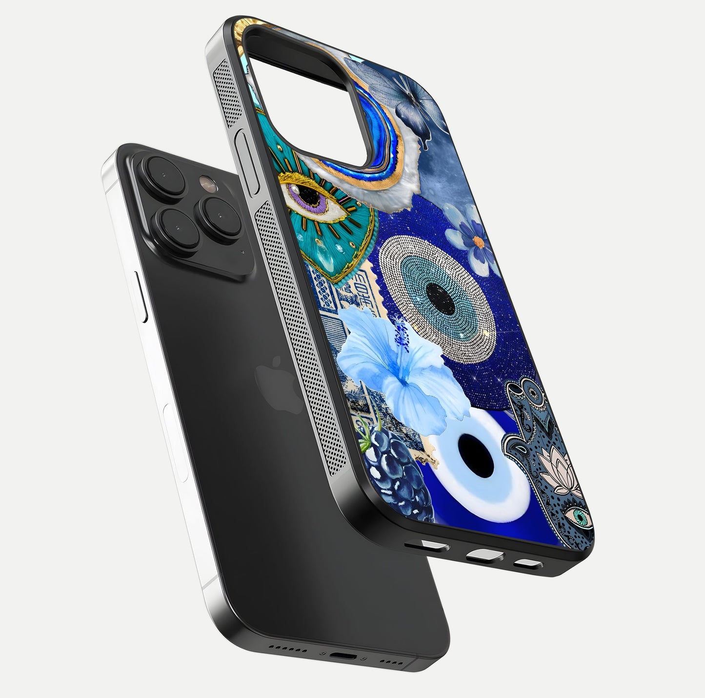 Celestial Blue Vision Glass Case for iPhone 15 Pro floating mockup showing gloss depth and night-sky pattern