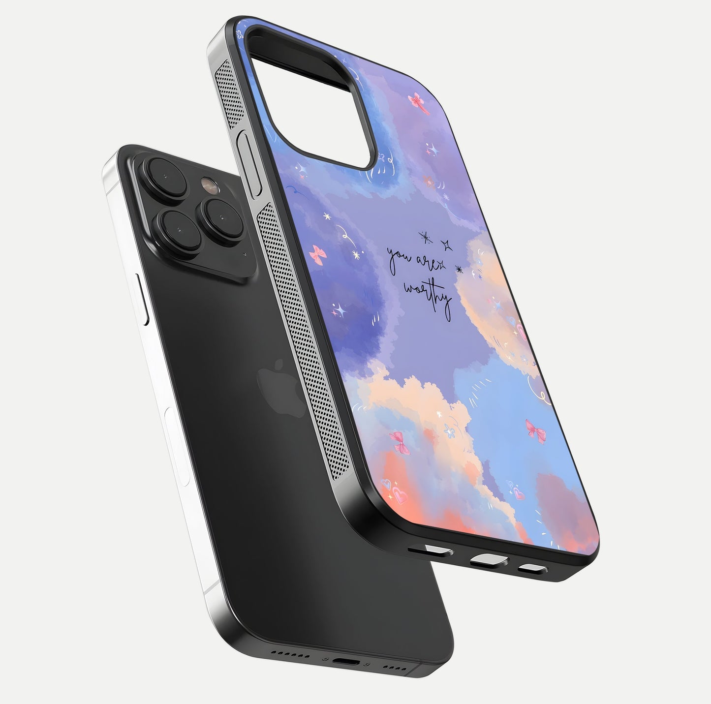 Celestial Cloud Magic Glass Case for iPhone 15 Pro floating mockup displaying cloud aura and HD finish