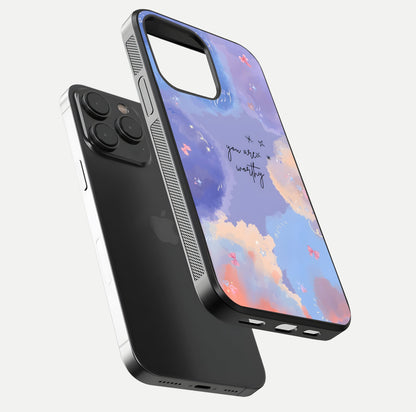 Celestial Cloud Magic Glass Case for iPhone 15 Pro floating mockup displaying cloud aura and HD finish