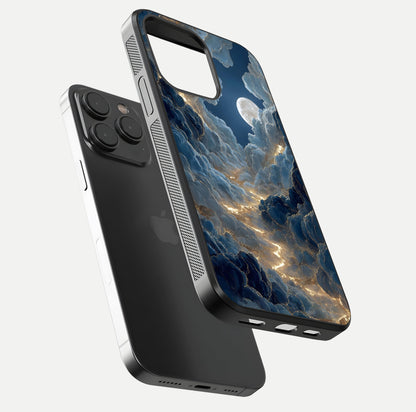 Celestial Cloud Road Glass Case for iPhone 15 Pro floating mockup capturing glowing horizon and HD gloss