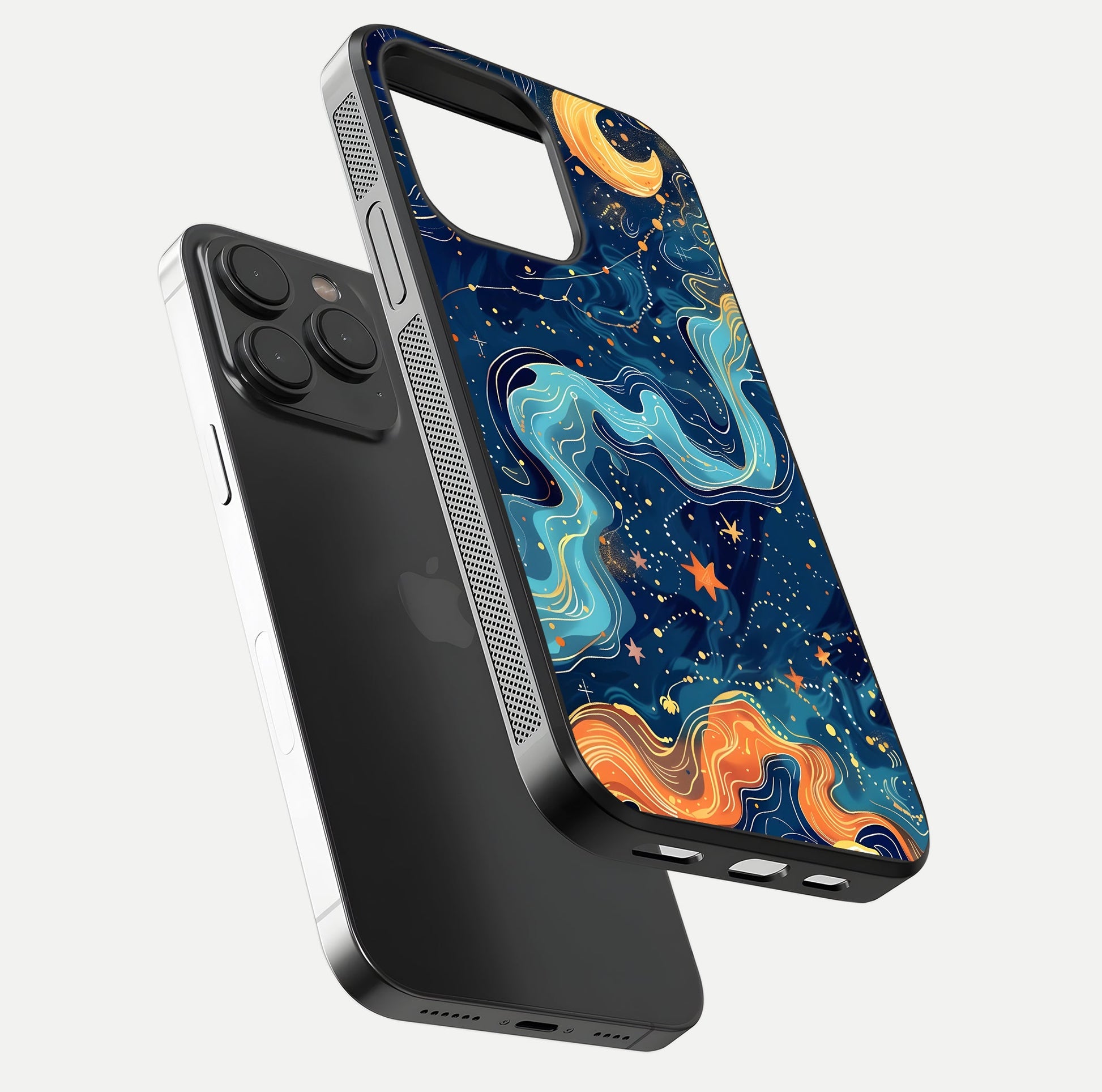 Celestial Dream Flow Glass Case for iPhone 15 Pro floating mockup displaying gloss shimmer and artistic composition