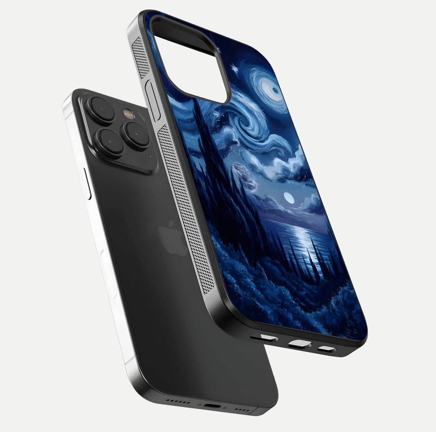 Celestial Dream Van Gogh Glass Case for iPhone 15 Pro floating mockup highlighting cosmic tones and smooth gloss