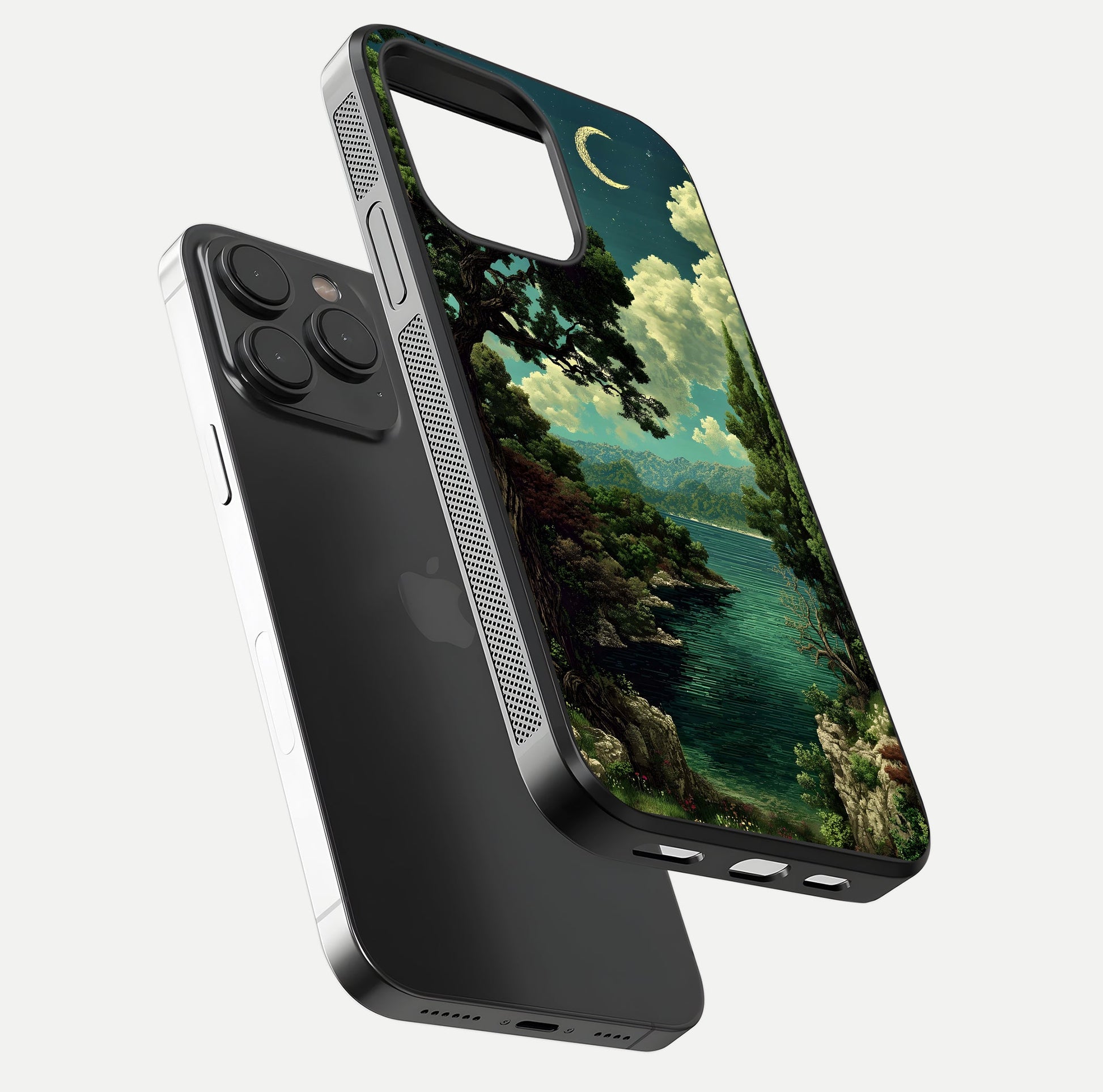 Celestial Lake Peace Glass Case for iPhone 15 Pro floating mockup capturing calm tones and smooth polish