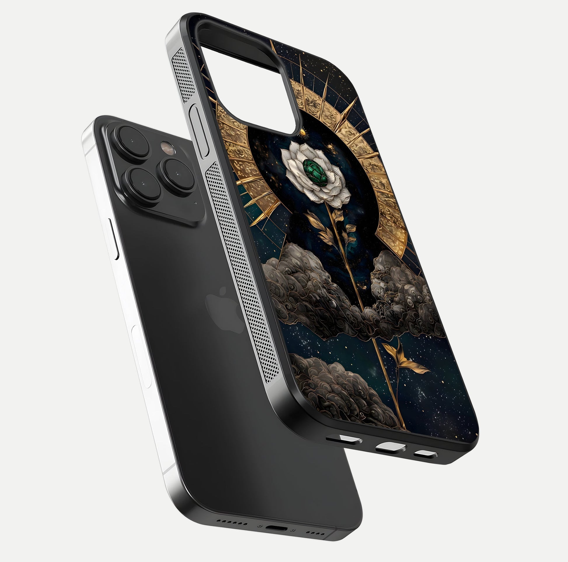 Celestial Lotus Morang Glass Case for iPhone 15 Pro floating mockup showing gloss depth and cosmic lotus glow