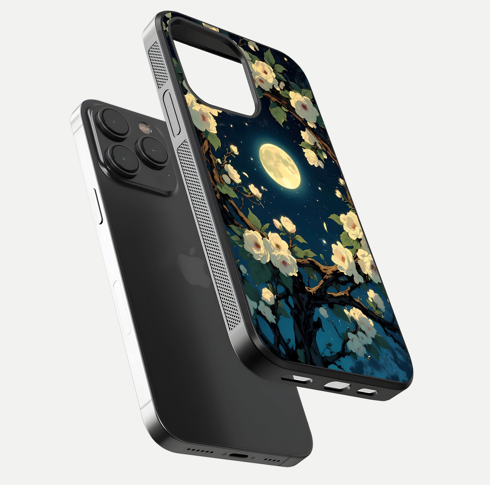 Celestial Moon & Flower Glass Case for iPhone 15 Pro floating mockup emphasizing HD shine and delicate texture