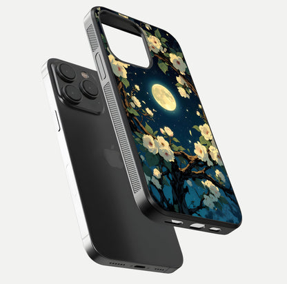 Celestial Moon & Flower Glass Case for iPhone 15 Pro floating mockup emphasizing HD shine and delicate texture