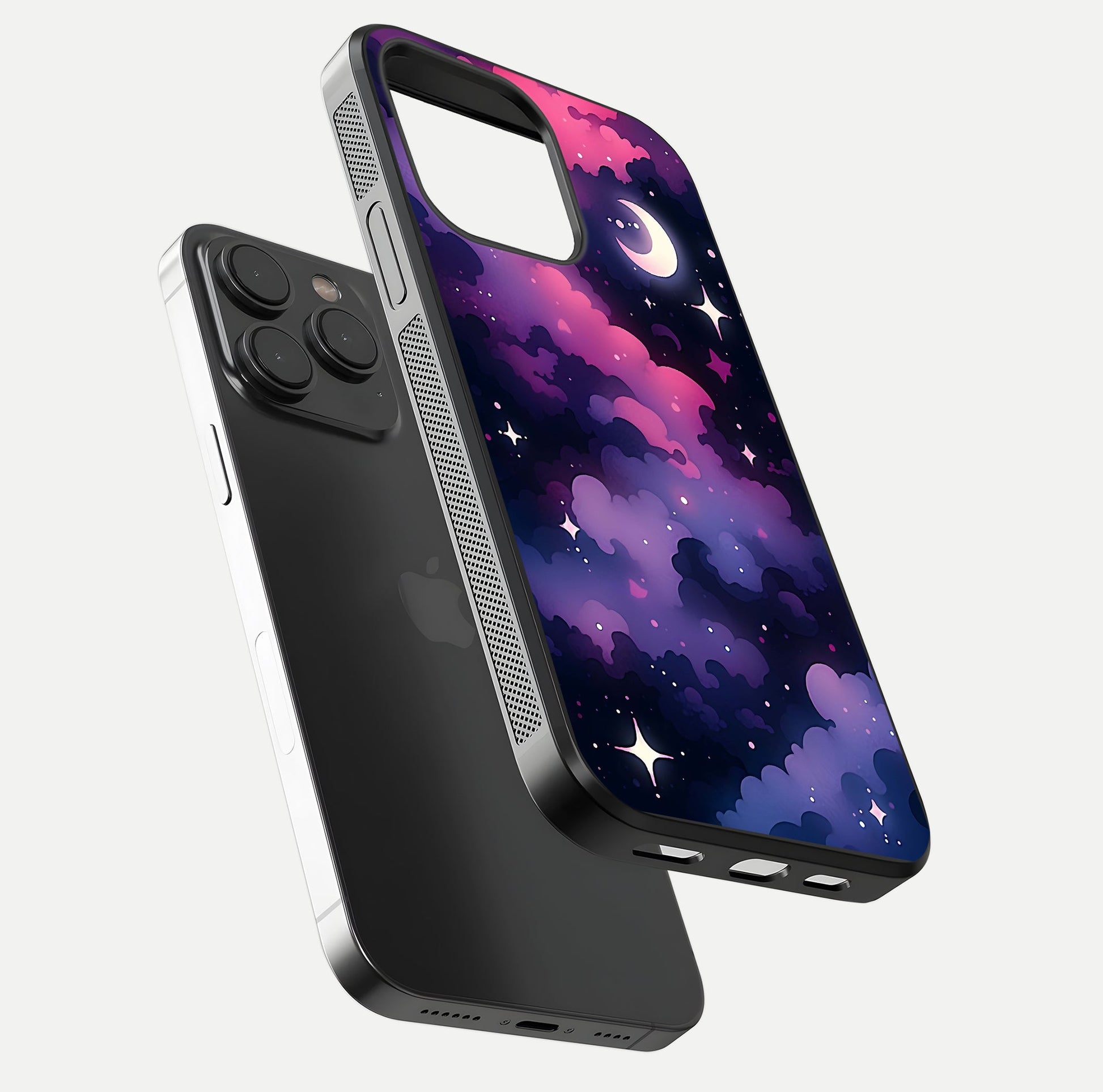 Celestial Moon Magic Glass Case for iPhone 15 Pro floating mockup showing reflection gradient and smooth polish
