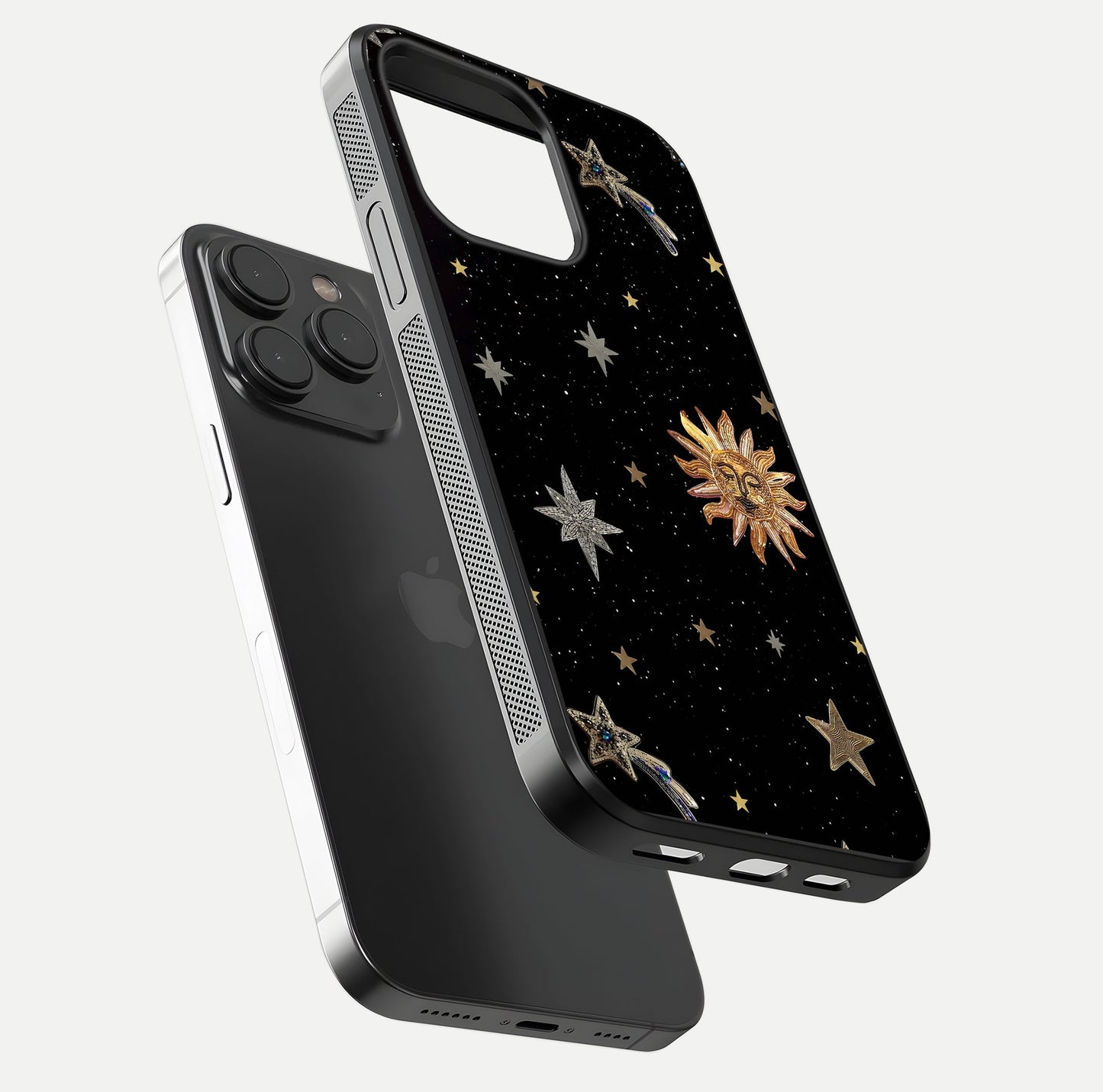 Celestial Moon With Stars Glass Case for iPhone 15 Pro floating mockup emphasizing star depth and gloss clarity