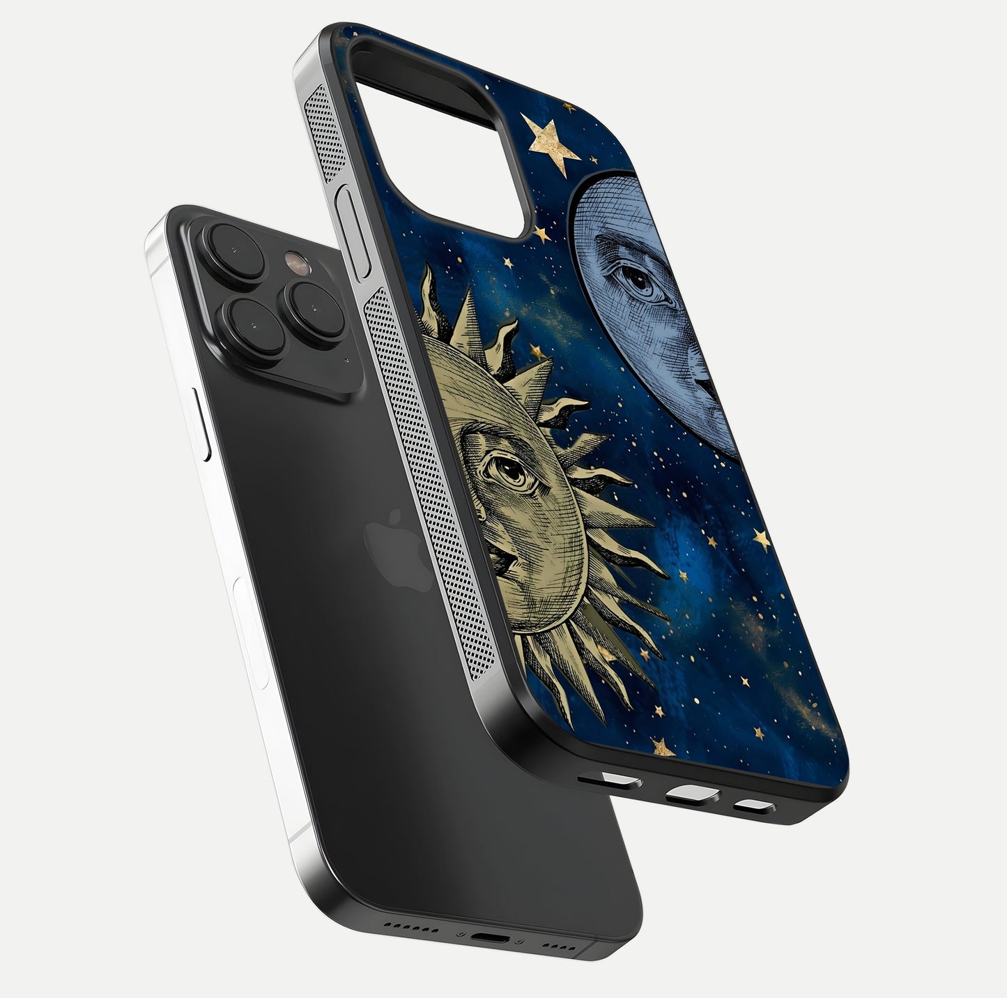 Celestial Moon With Sun Glass Case for iPhone 15 Pro floating mockup displaying vibrant contrast and HD gloss