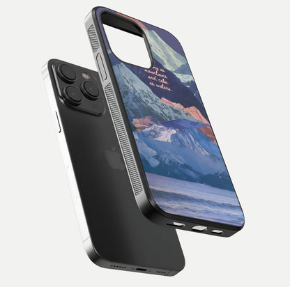 Celestial Mountain Calm Glass Case for iPhone 15 Pro floating mockup showing glow depth and polished edges