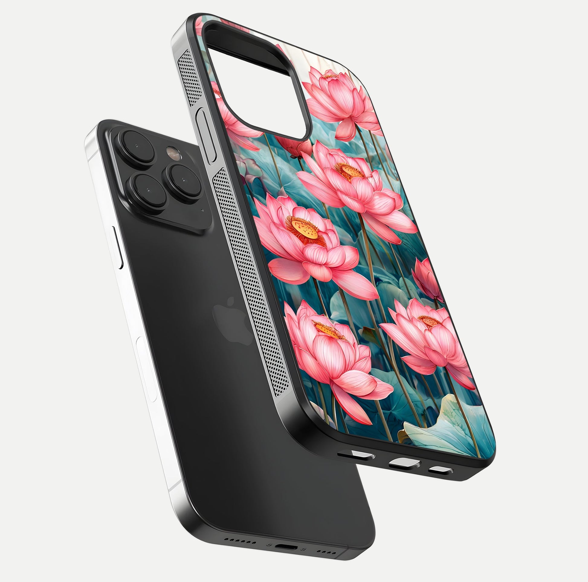 Celestial Pink Lotus Glass Case for iPhone 15 Pro floating mockup displaying cosmic tone and gloss surface