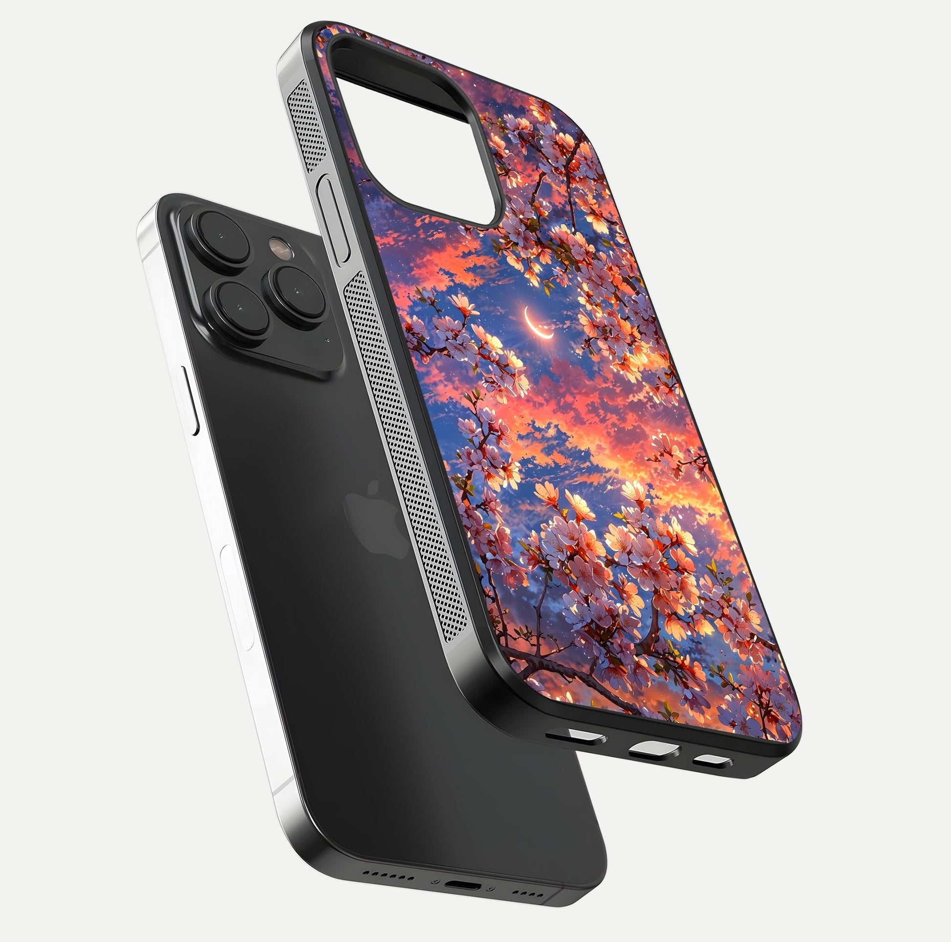 Celestial Sakura Sunset Glass Case for iPhone 15 Pro floating mockup capturing sunset hue and smooth gloss