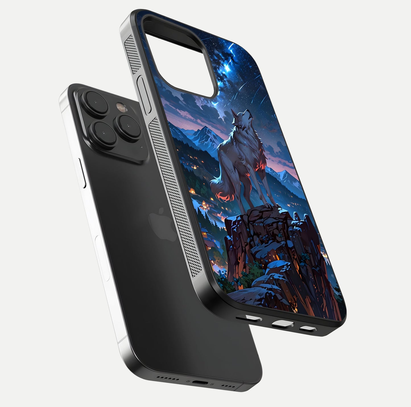 Celestial Wolf Howl Glass Case for iPhone 15 Pro floating mockup capturing reflection depth and silver gloss