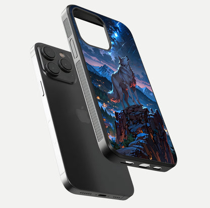Celestial Wolf Howl Glass Case for iPhone 15 Pro floating mockup capturing reflection depth and silver gloss