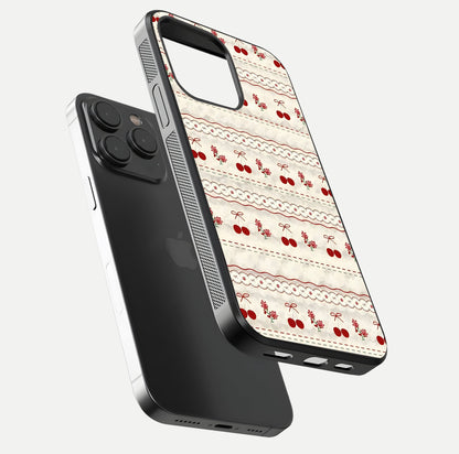 Cherry Bloom Charm Glass Case for iPhone 15 Pro floating mockup showing bloom texture and polished gloss