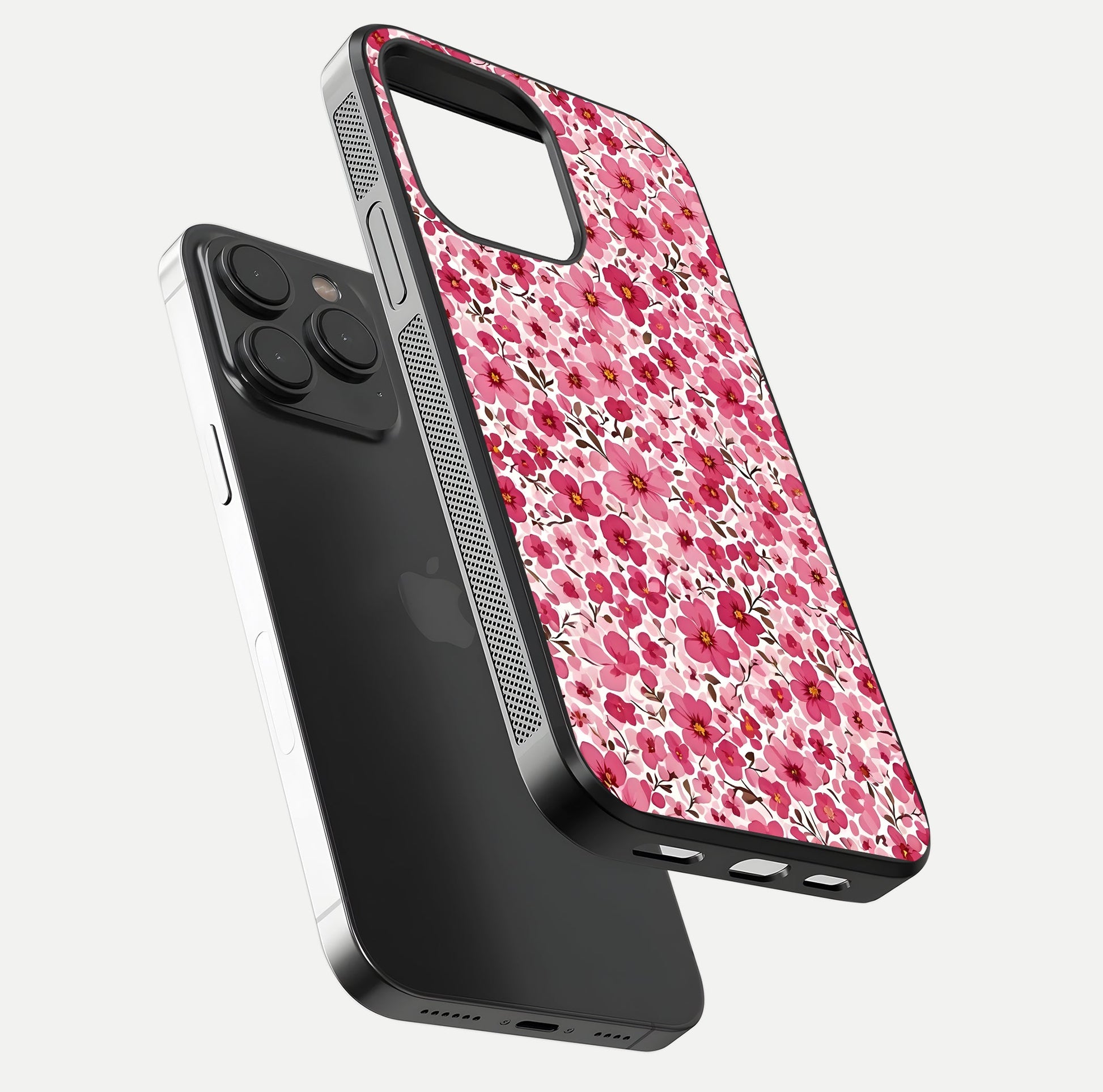 Cherry Blossom Charm Glass Case for iPhone 15 Pro floating mockup displaying pink tone flow and polished edges