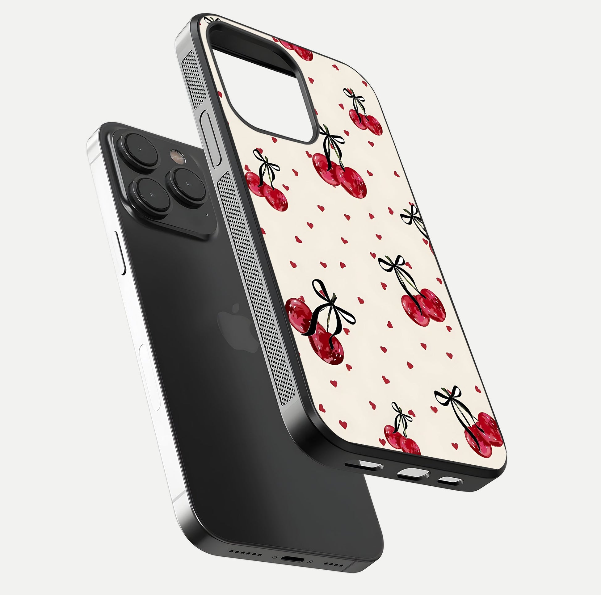 Cherry Heart Bow Glass Case for iPhone 15 Pro floating mockup showing reflection and HD print detail