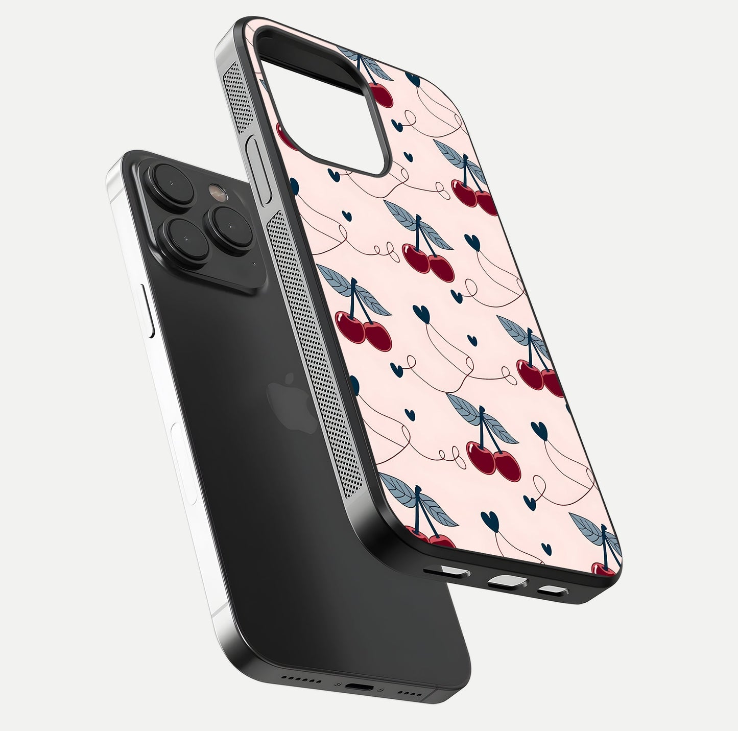 Cherry Heart Line Glass Case for iPhone 15 Pro floating mockup showing gloss polish and bright tones