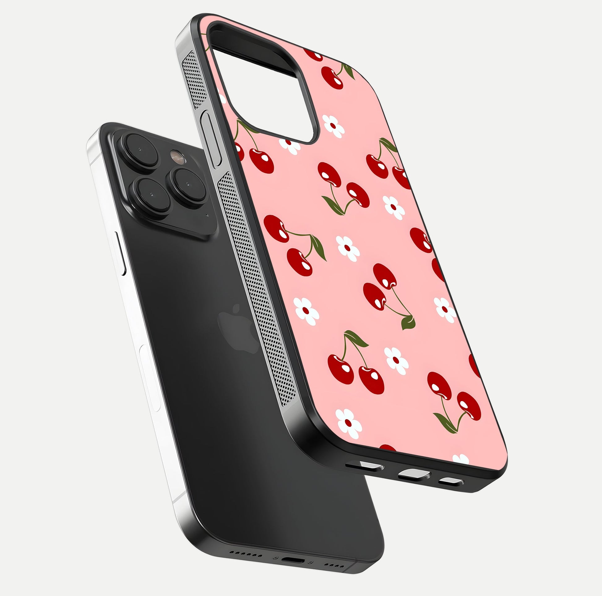 Cherry Love Mood Glass Case for iPhone 15 Pro floating mockup showing HD gloss reflection and red tones