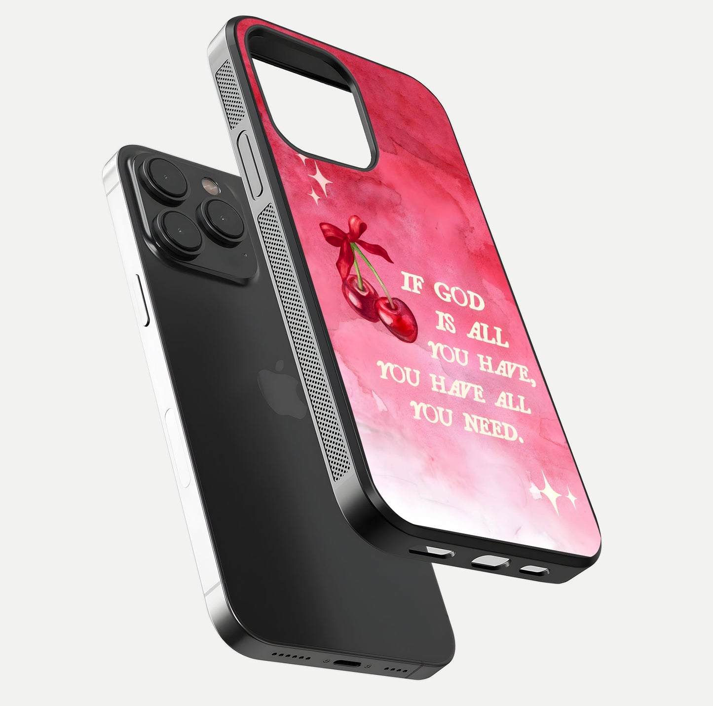 Cherry Quote Glass Case for iPhone 15 Pro floating mockup capturing shine texture and clear typography