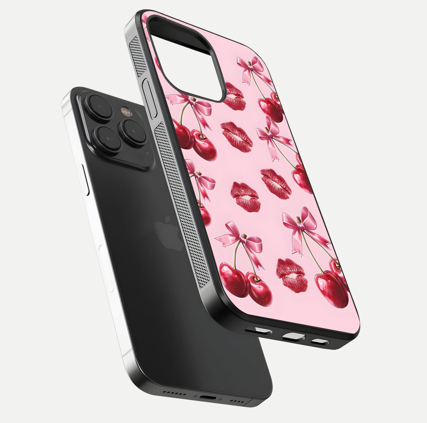 Cherry With Lips Glass Case for iPhone 15 Pro floating mockup showing HD gloss and pop-art inspired tones