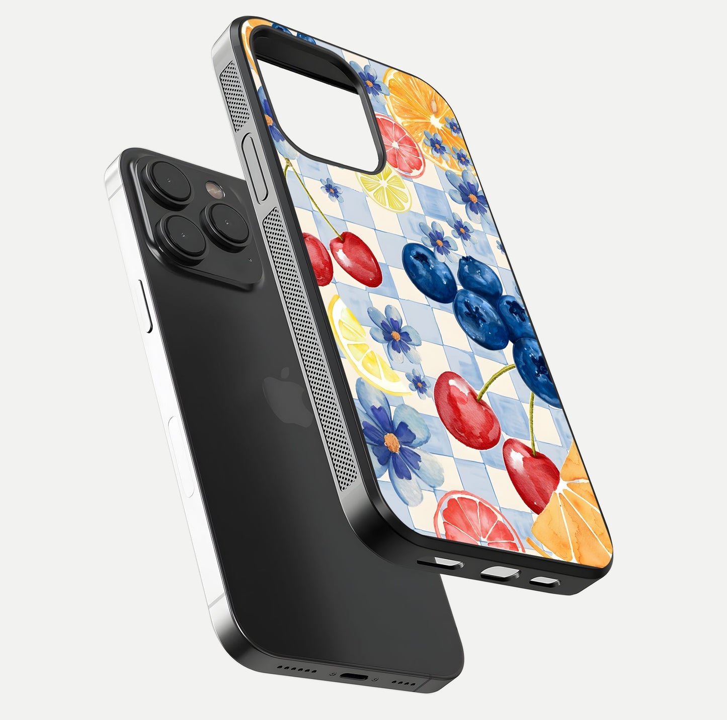 Citrus Bloom Joy Glass Case for iPhone 15 Pro floating mockup showing HD gloss and lively tone