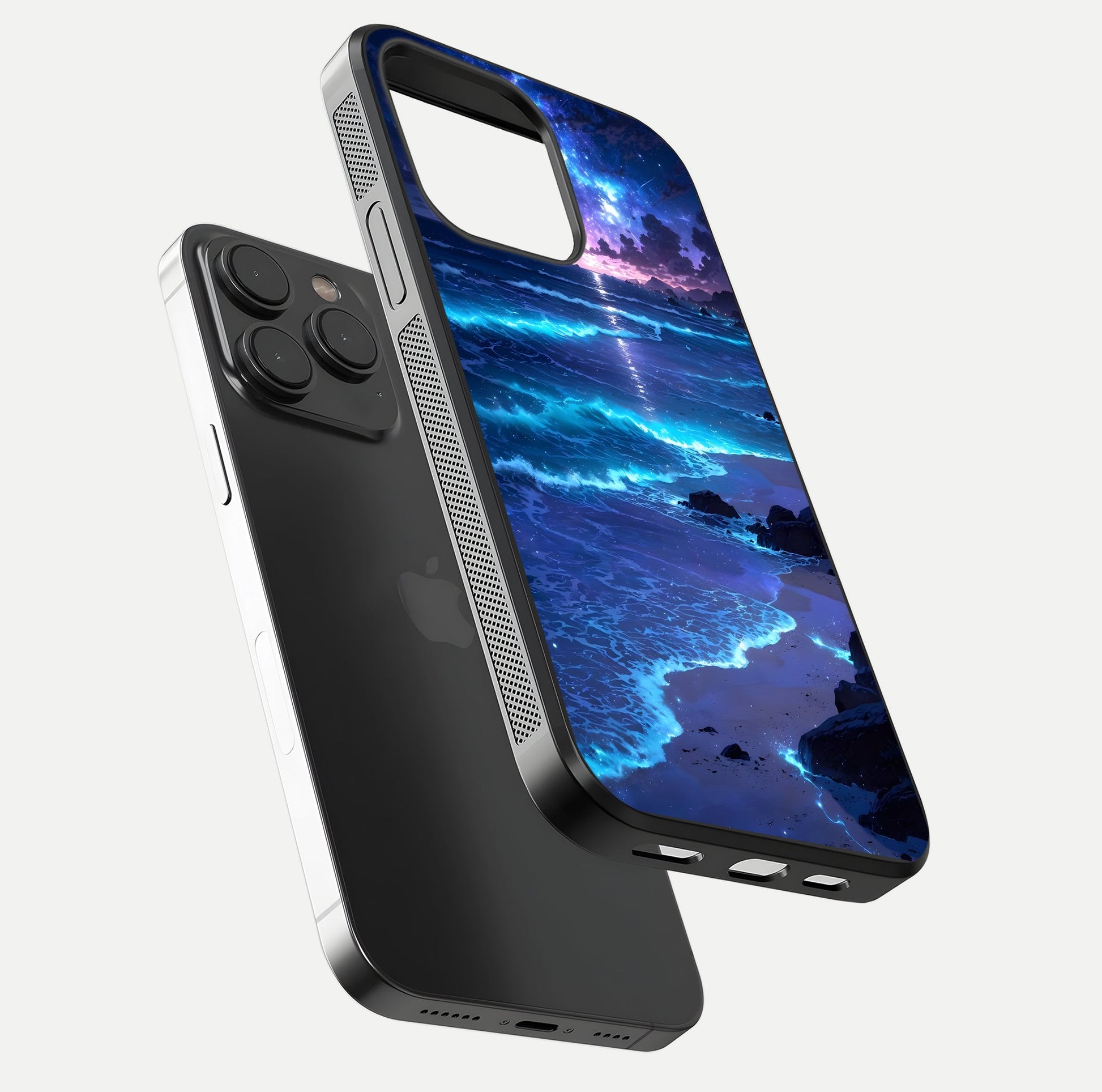 Classic Damn Look Glass Case for iPhone 15 Pro floating mockup emphasizing HD gloss and stylish edges