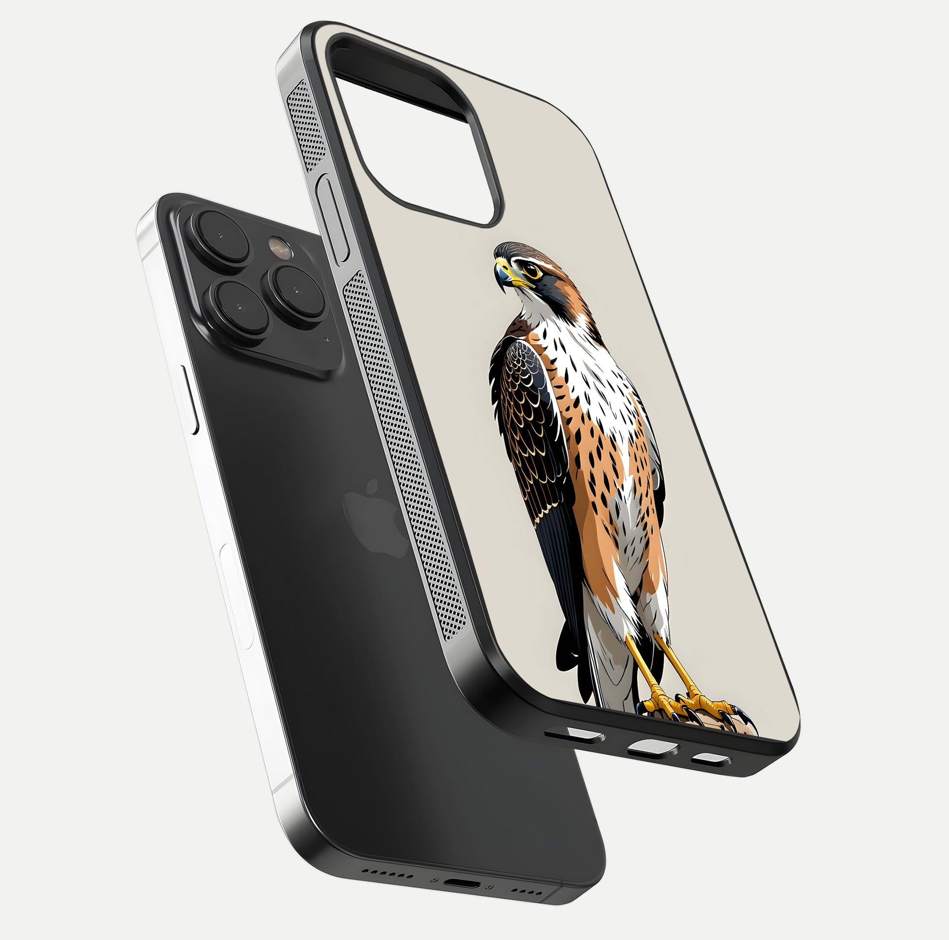 Clever Eagle Glass Case for iPhone 15 Pro floating mockup displaying sharp gloss and art contrast